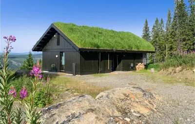 a building with a grass roof with a rock at Stunning Home In Øyer With Sauna in Øyer