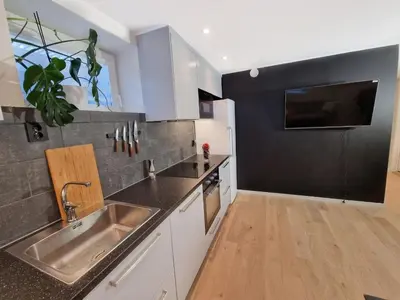 a kitchen with a sink and a counter top at Ibsens apartaments in Bergen