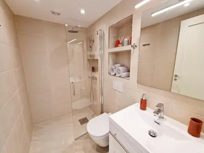 a bathroom with a shower and a toilet and a sink at Ibsens apartaments in Bergen