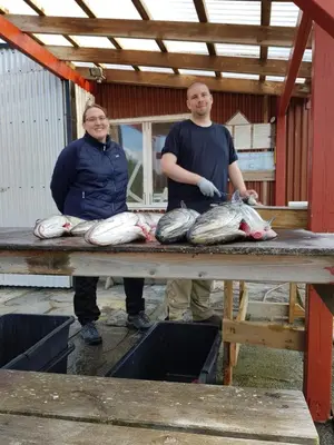 a man and woman standing next to a table with fish at Leilighet Vikaparken Hardangerfjord in Hatlestrand