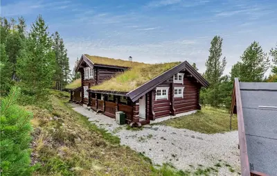 a log cabin with a grass roof on a hill at Beautiful Home In Dalholen With Sauna in Furuhovde
