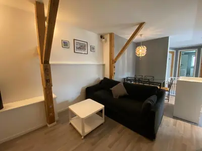 a living room with a black couch and a table at Leilighet Sølendet, i Brekken ved Røros in Røros