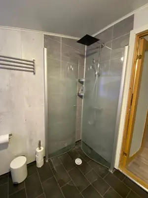 a bathroom with a glass shower and a toilet at Leilighet Sølendet, i Brekken ved Røros in Røros