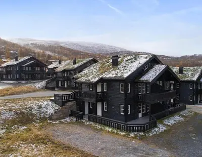 a group of houses with snow on the roofs at Lun og koselig hytte med sauna på Filefjell in Tyinkrysset
