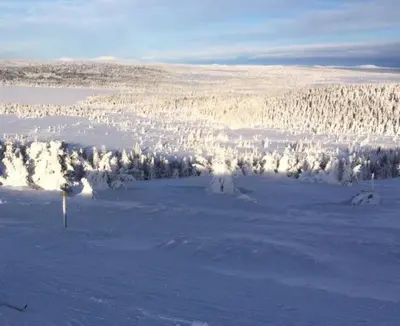 a snow covered hill with trees in the distance at Holiday home in beautiful Sjusjøen, near Lillehammer in Ringsaker