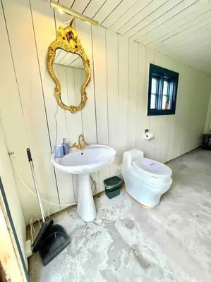 a bathroom with a toilet and a sink and a mirror at Traditional barn -Stabbur - wifi og sauna in Baukål