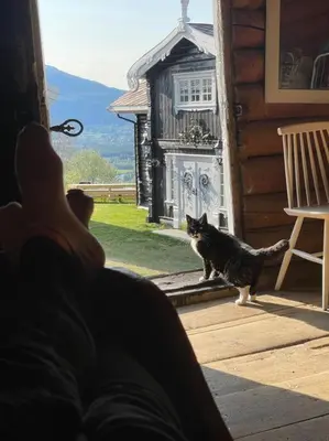 a cat standing outside of a door with a person at Traditional barn -Stabbur - wifi og sauna in Baukål