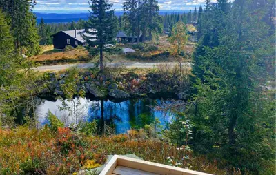 a house in the middle of a field with a pond at 2 Bedroom Awesome Home In Lillehammer in Lillehammer