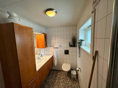 a bathroom with a sink and a toilet at Enesi holiday house in Hestenesøyra