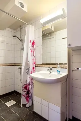 a bathroom with a sink and a shower at Hallingparken in Gol