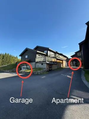 a view of a house and a road with red circles at Nice apartment on Geilotunet, Close to city center in Geilo