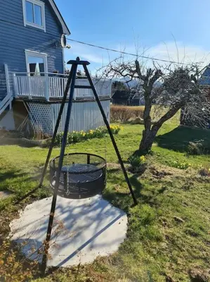 a swing in a yard in front of a house at Koselig hus med hage i Herøy på Sunnmøre. in Røyra