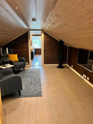 a living room with a couch and a tv at På solsiden av Gaustatoppen in Tuddal