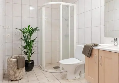 a bathroom with a shower and a toilet and a plant at Beautiful apartment with 3 bedrooms in Sogndal