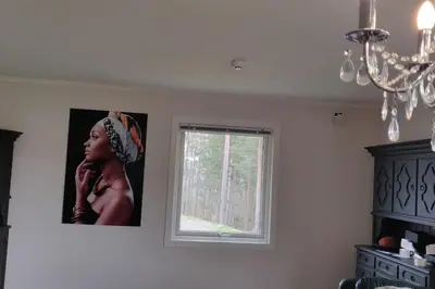 a picture of a woman on a wall next to a window at Hus med utsikt på leira . 4 sengeplasser. in Leira