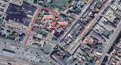 a map of a city with roads and buildings at Kjerkgata 6 - midt i Røros sentrum in Røros