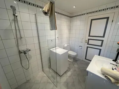 a bathroom with a toilet and a shower and a sink at Kjerkgata 6 - midt i Røros sentrum in Røros
