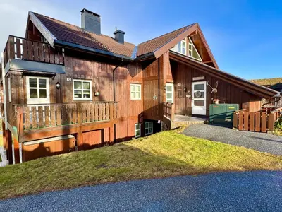 a large wooden house with a driveway at Spacious and beautiful apartment in Geilo, mountain retreat with view! in Geilo