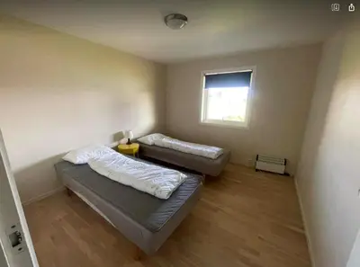 a small room with two beds and a window at Nautnes Seaside Villa in Nautnes