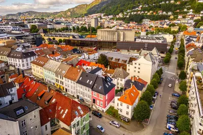 an aerial view of a city with buildings at Corner Apartments in Bergen