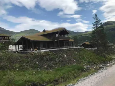 a large house with a grass roof on a hill at Stor og koselig hytte i Stryn in Stryn