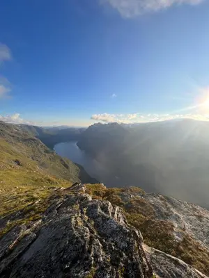 a view from the top of a mountain at Modern house by the Fjord in Sandane, Nordfjord. in Sandane