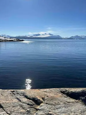 a large body of water with mountains in the background at Sjarmerende og romslig bolig, omgitt av vakker natur in Molde