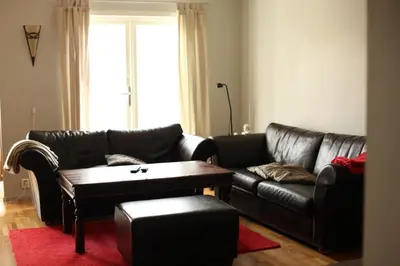 a living room with a black leather couch and a coffee table at Hordatun Apartments in Røldal