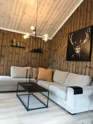 a living room with a couch and a table at Storekleiv Hyttefelt Tuddal in Tuddal