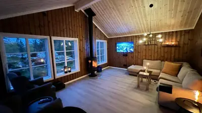 a living room with a couch and a tv at Storekleiv Hyttefelt Tuddal in Tuddal