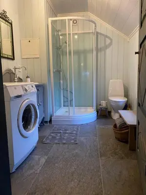 a bathroom with a shower and a washing machine at The Olav-house from 1840, at farm Ellingbø in Vang I Valdres