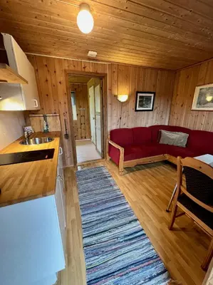 a living room with a red couch in a cabin at Gullvåg Camping Nyberg in Soknedal
