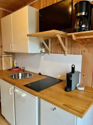 a kitchen counter with a sink and a microwave at Gullvåg Camping Nyberg in Soknedal