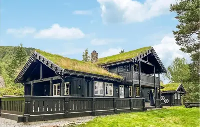 a black house with a grass roof at Nice Home In Sykkylven With Kitchen in Sykkylven