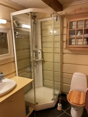 a shower in a bathroom with a toilet and a sink at Solsetra - Mountain Majesty Family Log Cabin in Hovden