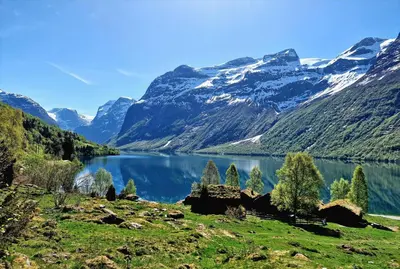 a view of a mountain lake in a valley at Mountain & Fjord View Apartment in Stryn