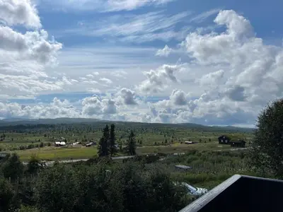 a view of a field with trees and a cloudy sky at Snikkerplassen - cabin with amazing view and hiking opportunities in Sør-Fron