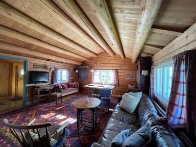a living room with a couch and a table at Elveseter - log cabin with an amazing view in Venabygd