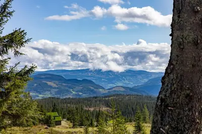 a view of the mountains from a tree at Unique new cabin by Hafjell & Skei with stunning view in Tretten