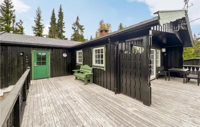 a black building with a deck with a green door at Beautiful Home In Sjusjøen With Kitchen in Sjusjøen