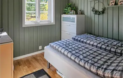 a bedroom with two beds in a room with green walls at Awesome Home In Hjartdal With Kitchen in Hjartdal