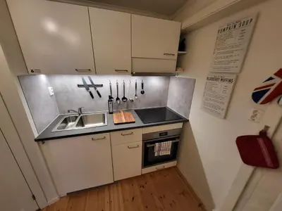 a small kitchen with a sink and a stove at Mars Modern and Cozy Apartment in the centre, Free Parking in Trondheim