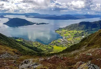 a view of a lake from a mountain at Apartment by the fjord in Storekra