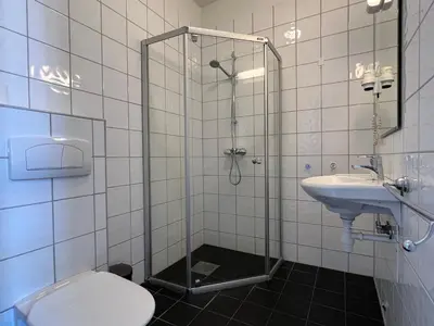a bathroom with a shower and a toilet and a sink at Vestre Torggaten 20 in Bergen