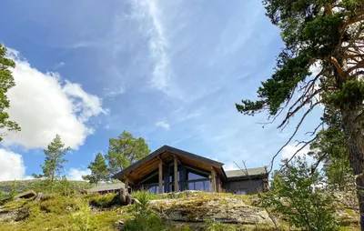 a house on top of a hill with trees at Cozy Home In Bjorli With Wifi in Bjorli