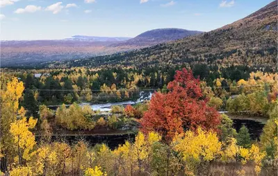a river in the middle of a valley with trees at Beautiful Home In Bjorli in Bjorli