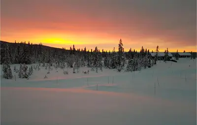 a sunset over a snow covered field with trees at 4 Bedroom Lovely Home In Lillehammer in Lillehammer