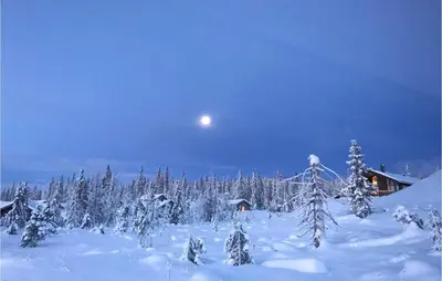 a snow covered forest with the moon in the sky at 4 Bedroom Lovely Home In Lillehammer in Lillehammer