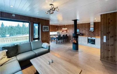 a living room with a couch and a stove at Cozy Home In Sjusjøen With Kitchen in Sjusjøen