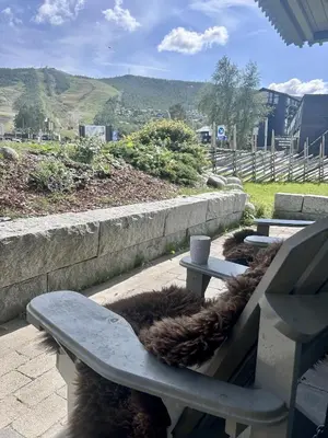 a dog sitting on a bench looking at a view at Mailatunet - Vestlia resort in Geilo
